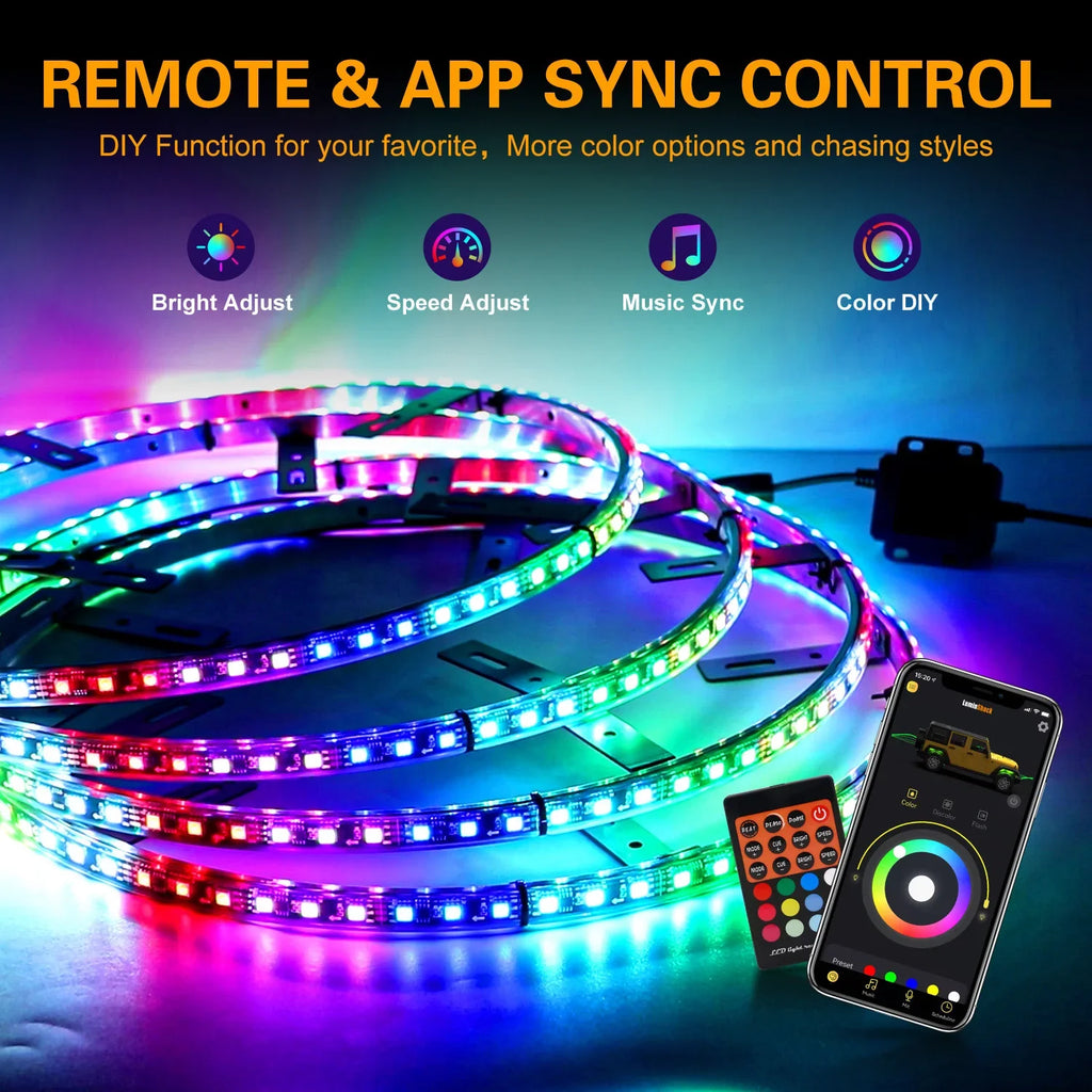 15.5Inch Flowing Double Row Colorful RGB Car Hub Lamp LED Wheel Tire Light APP Waterproof Neon Strip Light Car Atmosphere Lamp