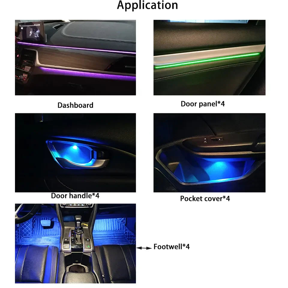 A80 Led 64 Colors Car Interior Decorative Lighting App Sound Control Universal 18 in 1 Car Ambient Light Acrylic Strip