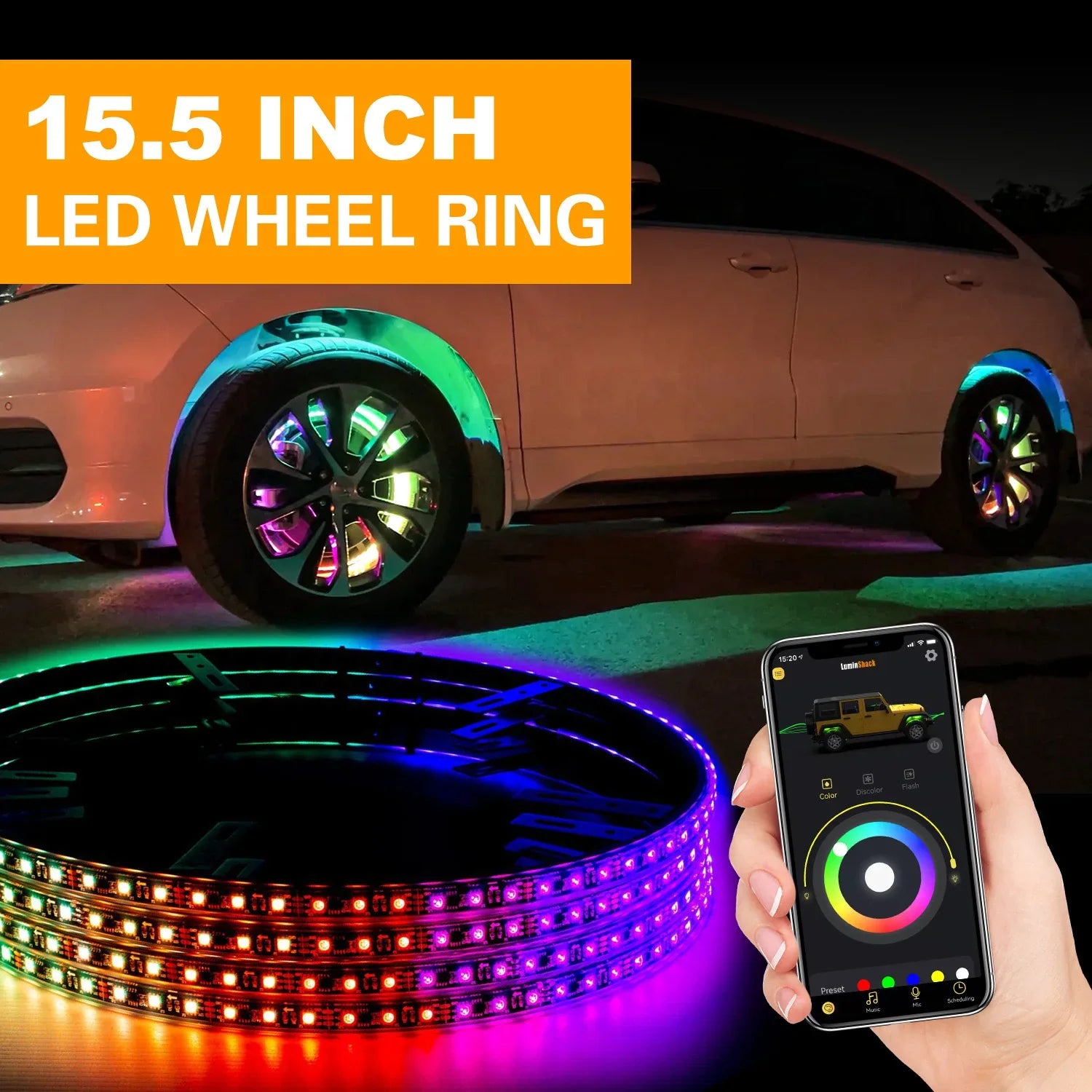 15.5Inch Flowing Double Row Colorful RGB Car Hub Lamp LED Wheel Tire Light APP Waterproof Neon Strip Light Car Atmosphere Lamp