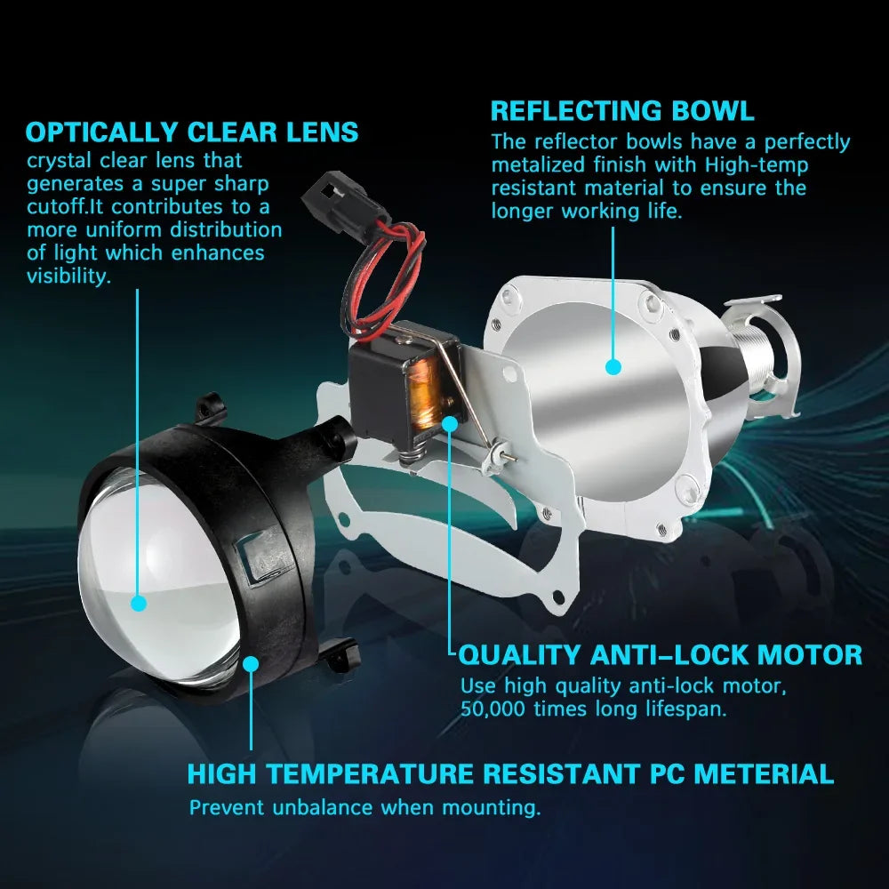 A80 2.5″ Mini Bi-Xenon Projector Lens – 55W HID H1, Aluminum Housing, High/Low Beam Retrofit, Universal 12V Fit