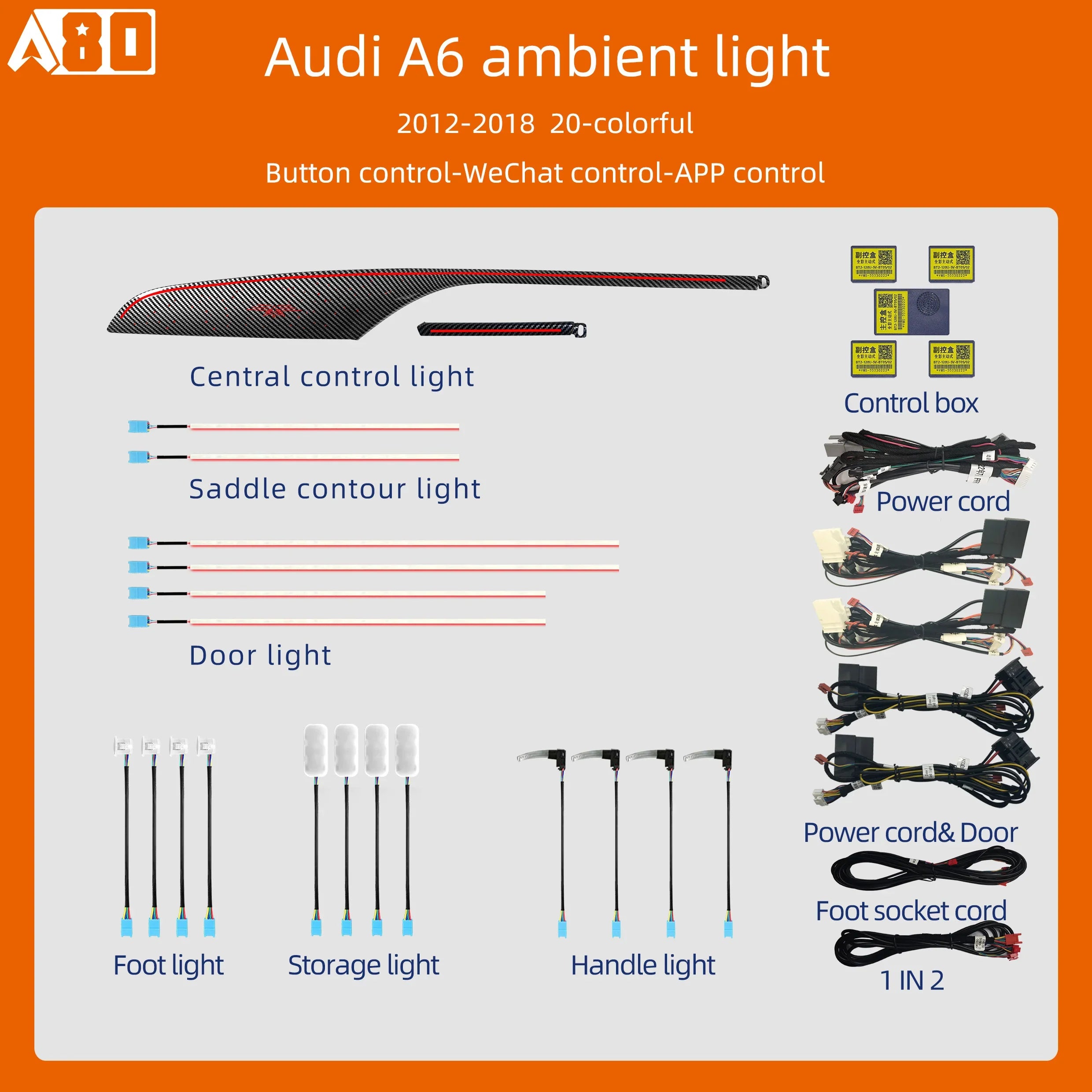 A80 Colorful Ambient Light Kit For Audi A6 C7 2012-2018 Carbon Fiber Pattern Co-pilot Ambient Light