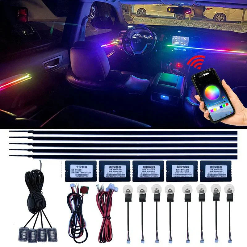 A80  64Color Car Ambient Light Acrylic Guide Fiber Strip 18 in 1 RGB optic Strip Interior Decoration Atmosphere Light