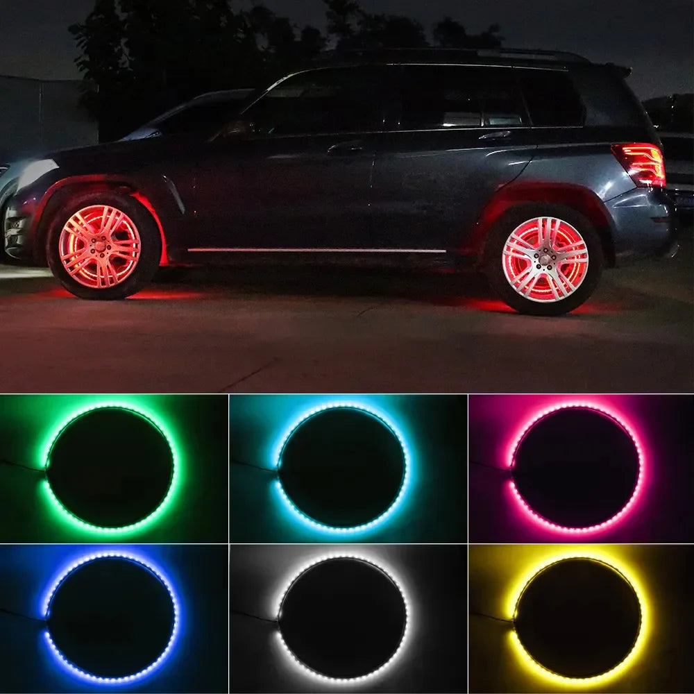 15.5Inch Flowing Double Row Colorful RGB Car Hub Lamp LED Wheel Tire Light APP Waterproof Neon Strip Light Car Atmosphere Lamp