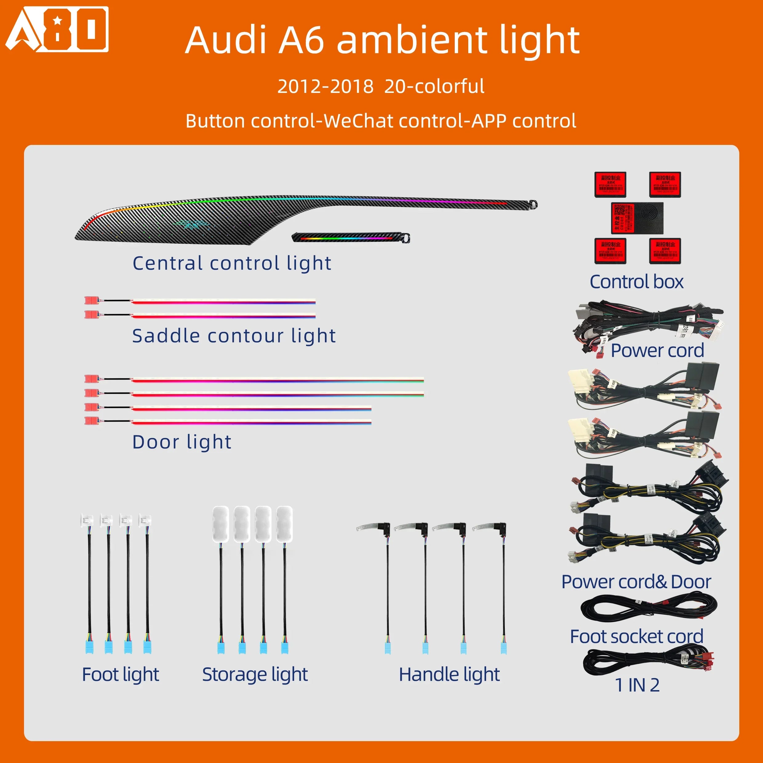 A80 Colorful Ambient Light Kit For Audi A6 C7 2012-2018 Carbon Fiber Pattern Co-pilot Ambient Light