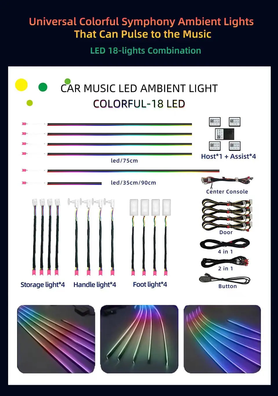 A80  64Color Car Ambient Light Acrylic Guide Fiber Strip 18 in 1 RGB optic Strip Interior Decoration Atmosphere Light
