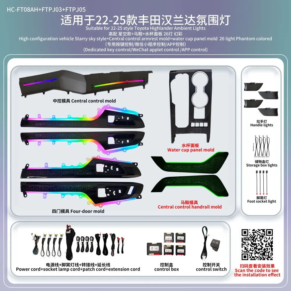 A80 Toyota Highlander (2015–2025) Ambient Lighting Kit | Starry Sky / Black Wood / Laser-Carved / Carbon Fiber Series (Phantom & RGB Available)