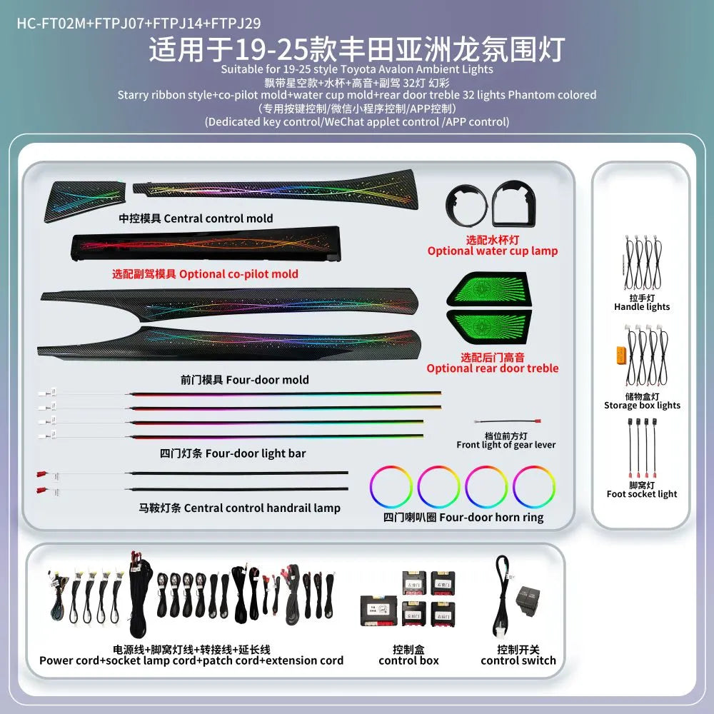 A80 Toyota Avalon Ambient Lighting Kit(2019–2025) | 32-LED Phantom RGB Starry Ribbon Interior Lighting Set